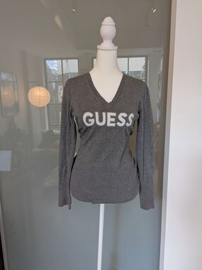 GUESS Women's Gray V-Neck Logo Sweater